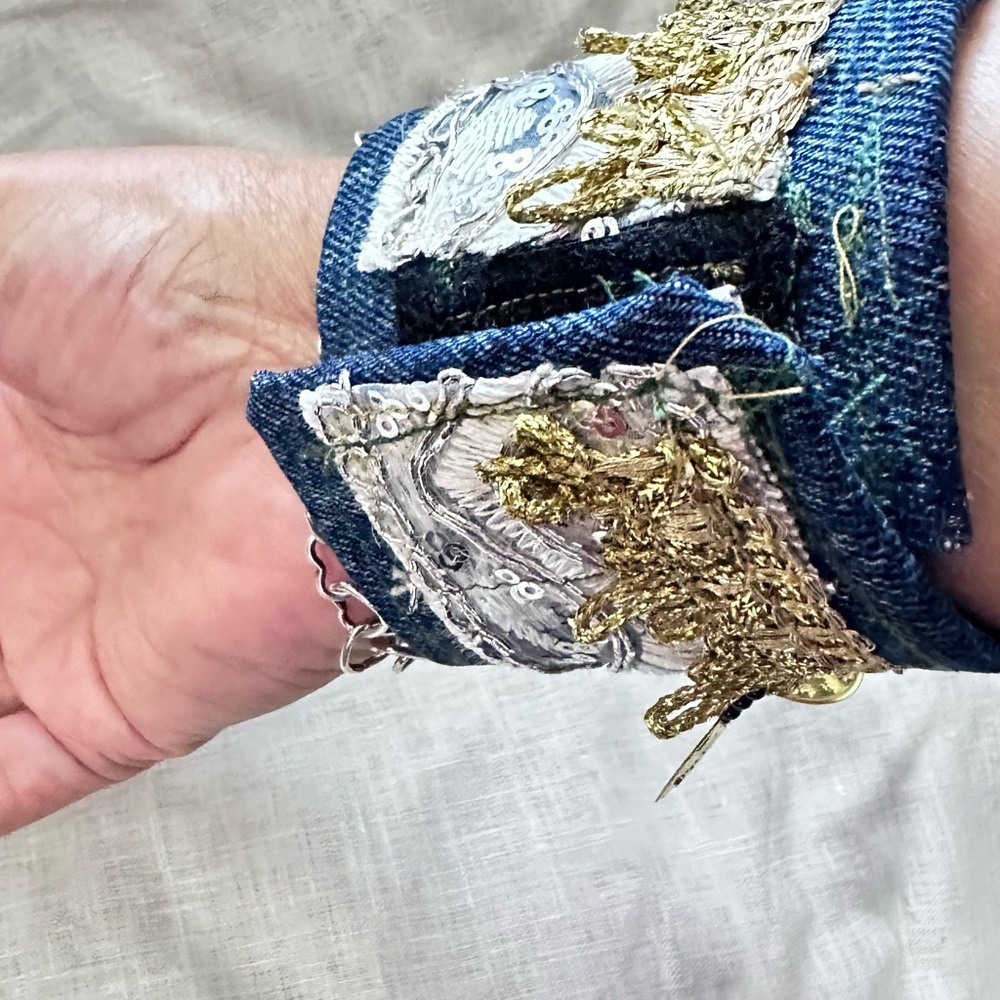 OOAK Upcycled Denim Gold Coin Charm Sequins Cuff Bracelet Boho Lined Signed - Picture 6 of 12